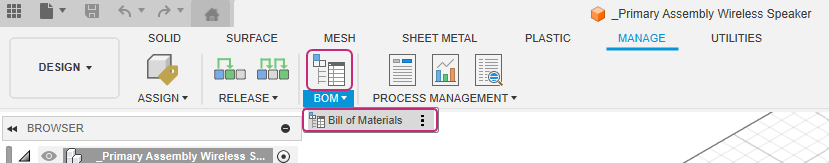 manage BOM tab