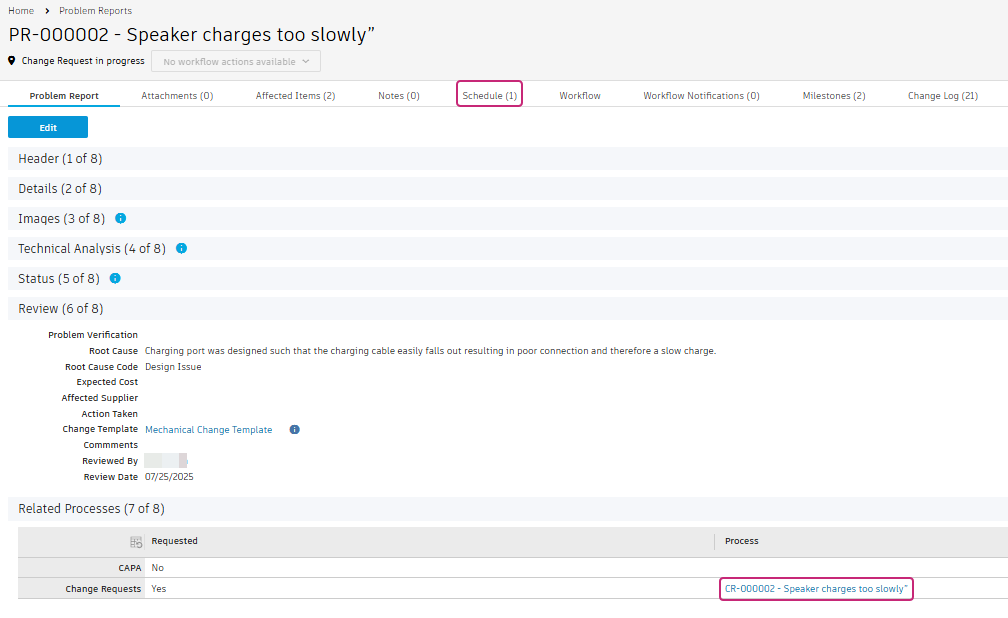 problem report related process section and change request in progress state