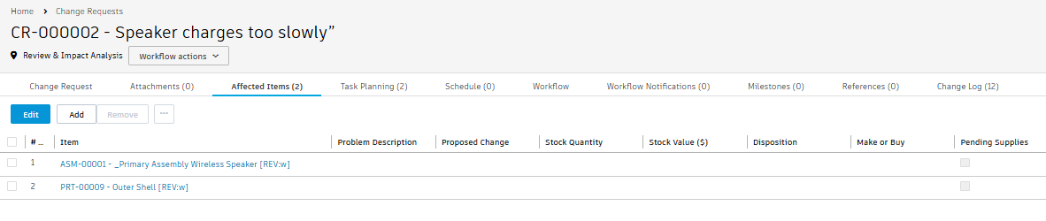 affected items copied from problem report to change request