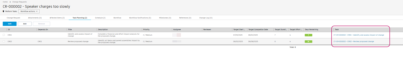 change task link task planning tab