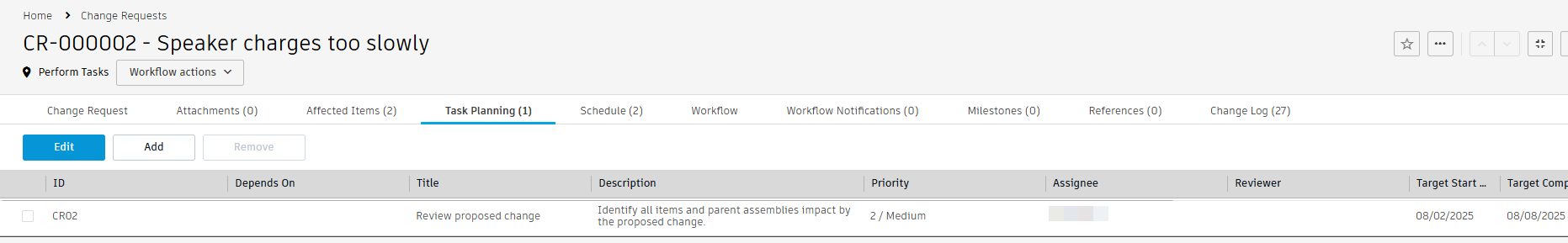 change request task 1 removed after completion