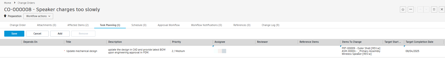 add assignee target completion date items to change