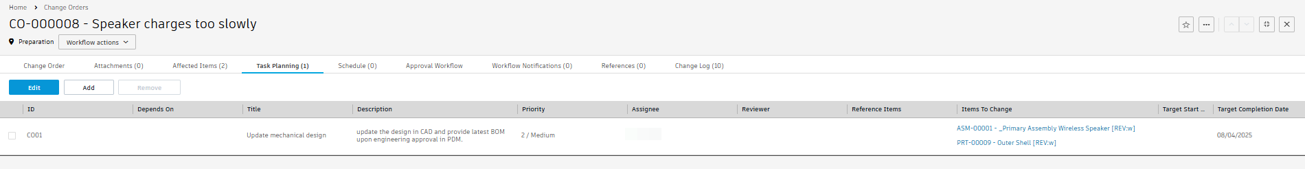 after saving task planning tab