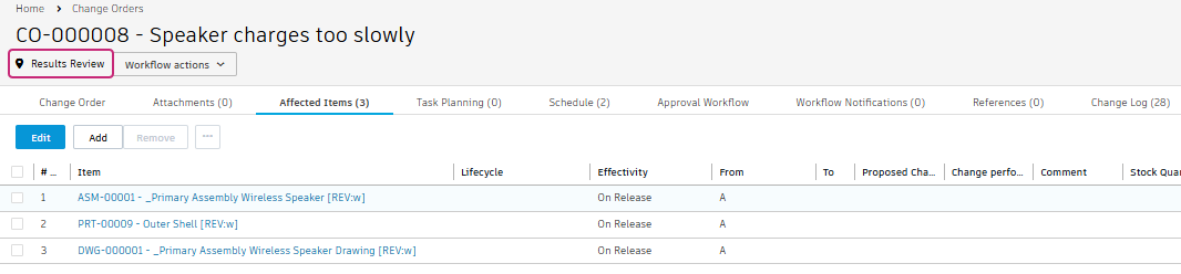 change order affected item updated with additional item
