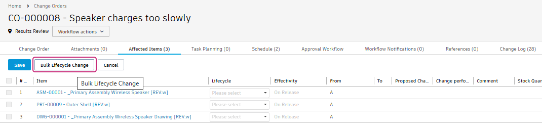 change order click bulk lifecycle change