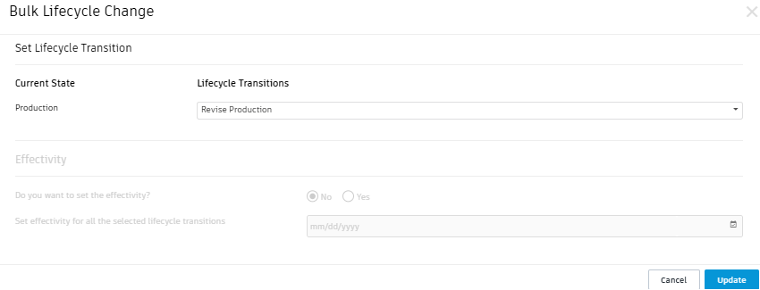 change order click bulk lifecycle set revise to production