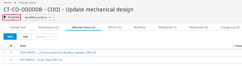 review change task affected items tab