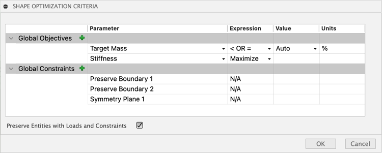 browser - shape optimization settings