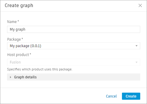 The Create graph dialog with the Name, Package, and Host product options, and the Graph details section. The Package drop-down list shows My package (0.0.1).