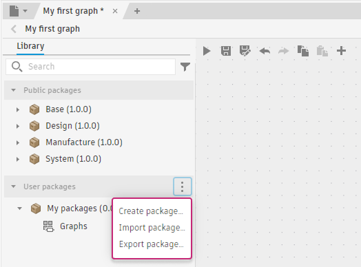 The Library panel with the More menu open next to User packages, showing three options: Create package, Import package, and Export package.