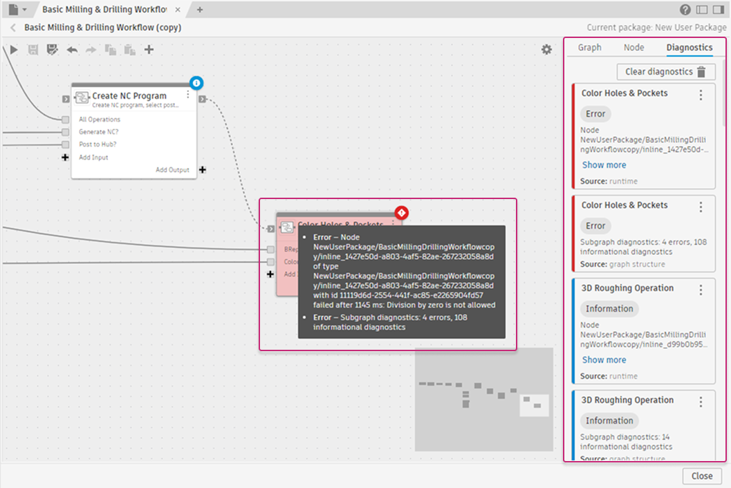 The Diagnostics tab showing error entries with red severity labels after a graph run failure
