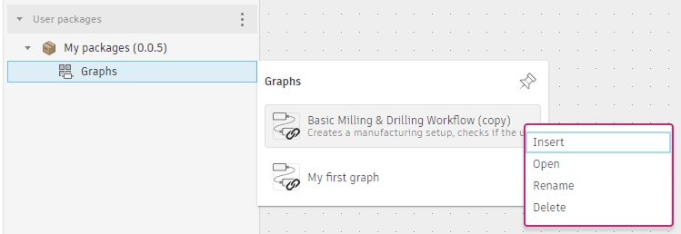 The Library panel showing a user package graph selected, with the right-click context menu open showing Insert, Open, Rename, and Delete options.