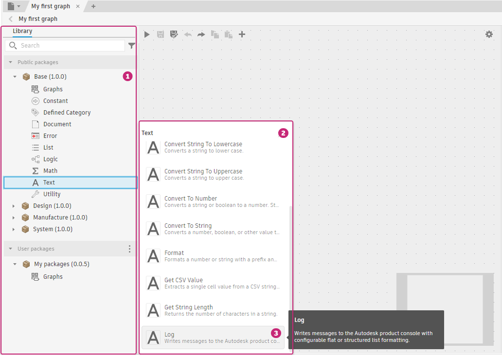 The Library panel with the Base package expanded and the Text category selected (1). A floating panel lists all Text nodes (2). Placing the pointer over the Log node shows its full description in a tooltip (3).