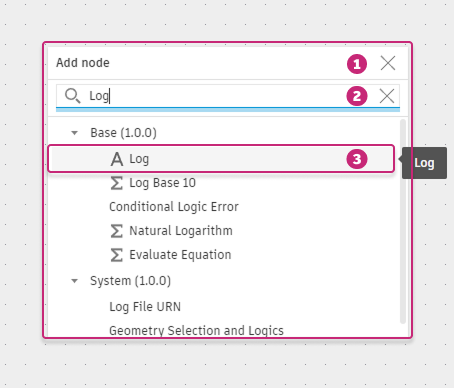 The Add node dialog with 'Log' typed in the Search box; results are grouped by package, with matching nodes from the Base and System packages and a tooltip on the Log result
