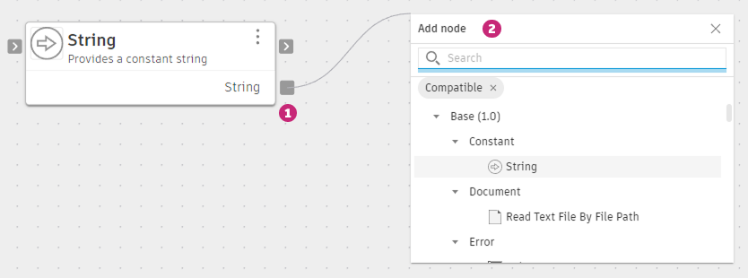Dragging from an output port and releasing on empty canvas opens the Add node dialog pre-filtered to compatible nodes