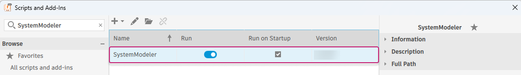 The Scripts and Add-Ins dialog with SystemModeler selected in the add-ins list and the Run on Startup checkbox enabled.
