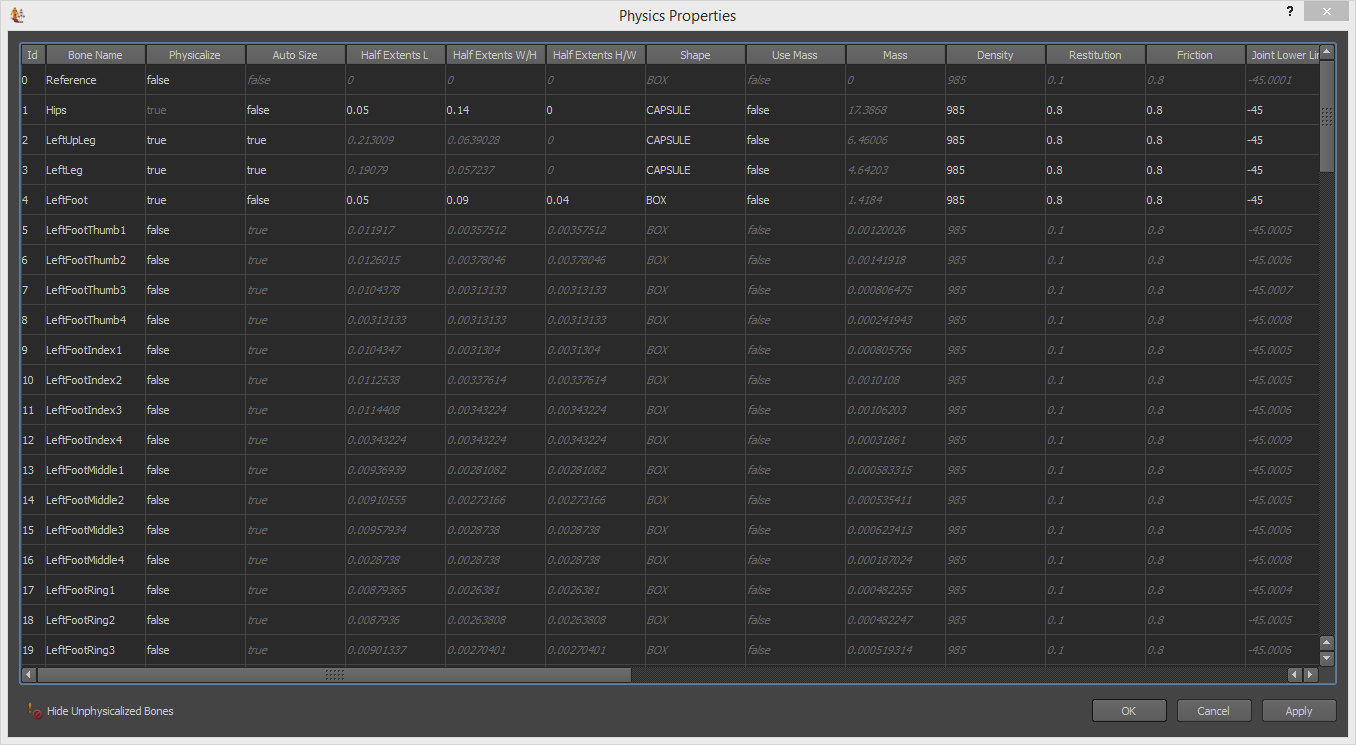 Physics Properties Dialog