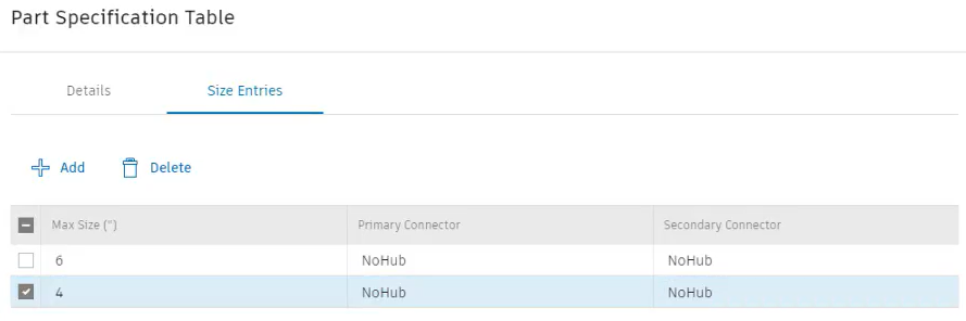 part specs size entries