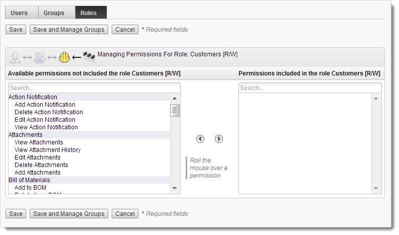 Managing Permissions for Role page