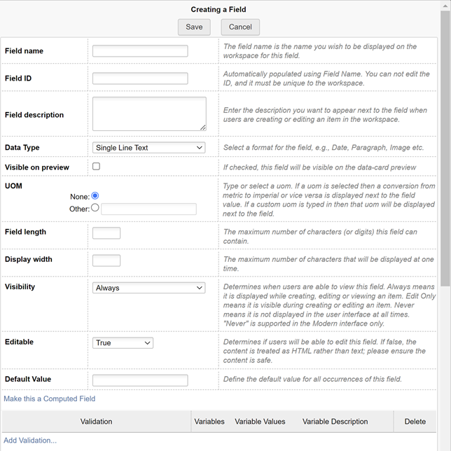 Creating a Field dialog