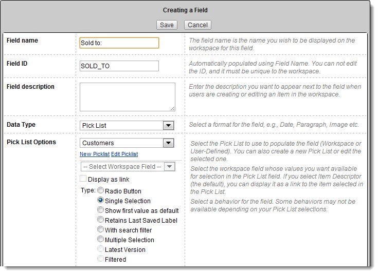 Creating a picklist