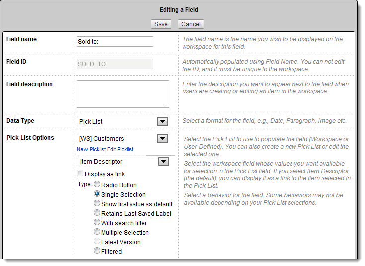 Picklist on the dialog Editing a field