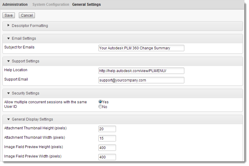 General settings page