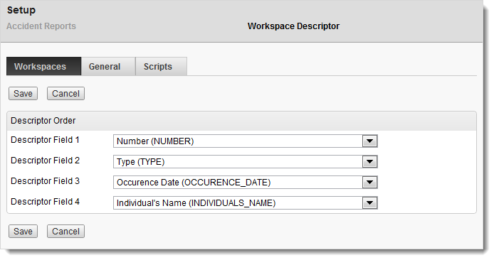 Example descriptor fields filled out