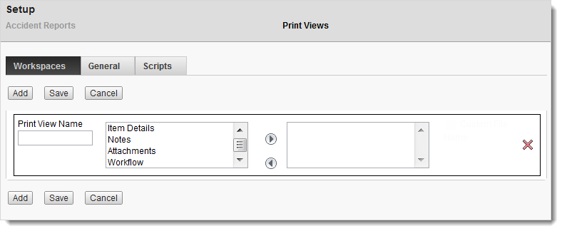 Setup print views dialog