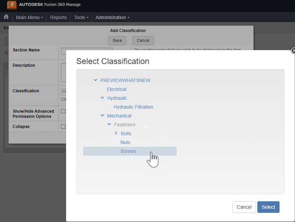 Select Classification dialog