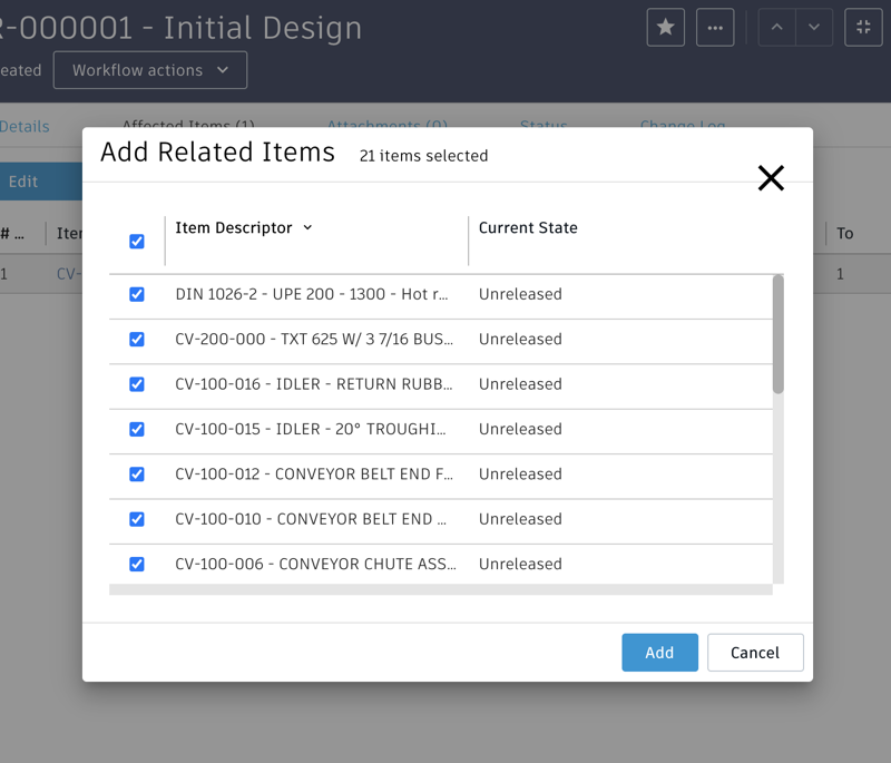 Add Related Items dialog