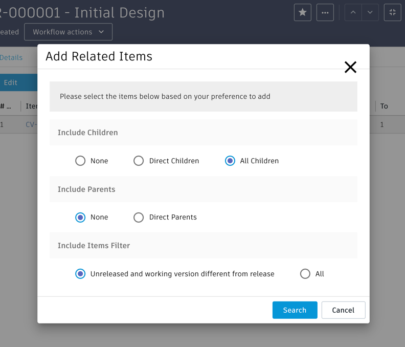Add Related Items dialog