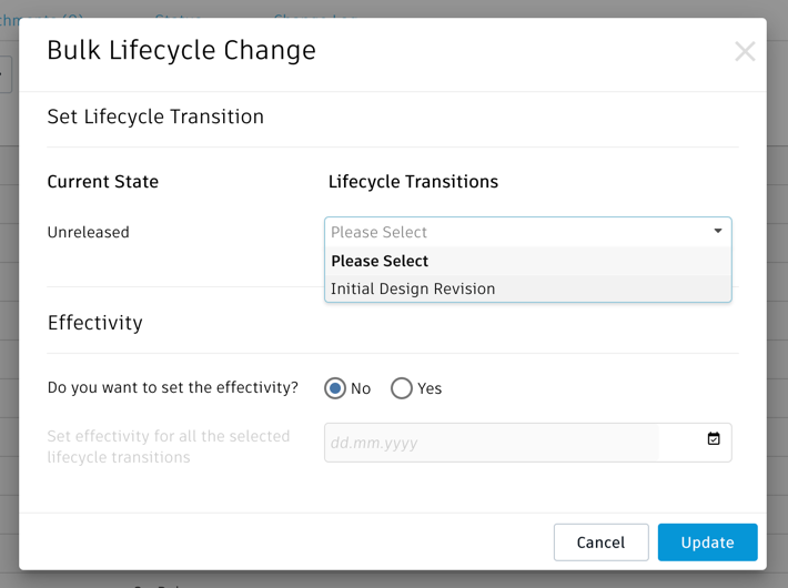 Bulk Lifecycle Change dialog