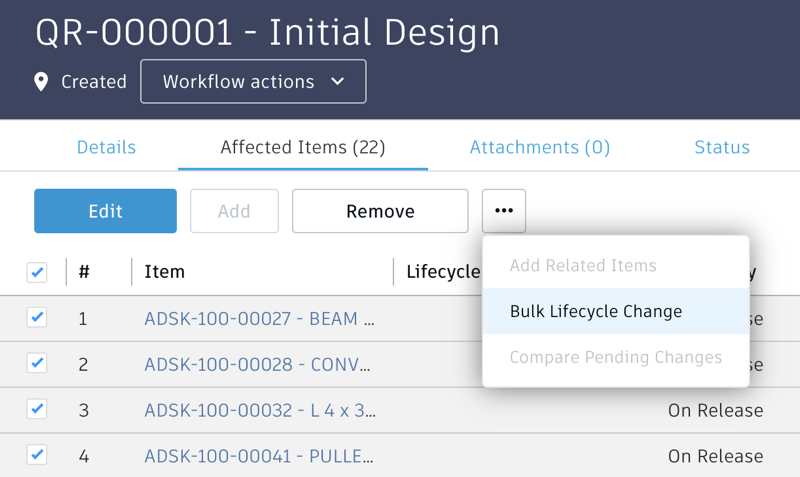 Bulk Lifecycle Change menu