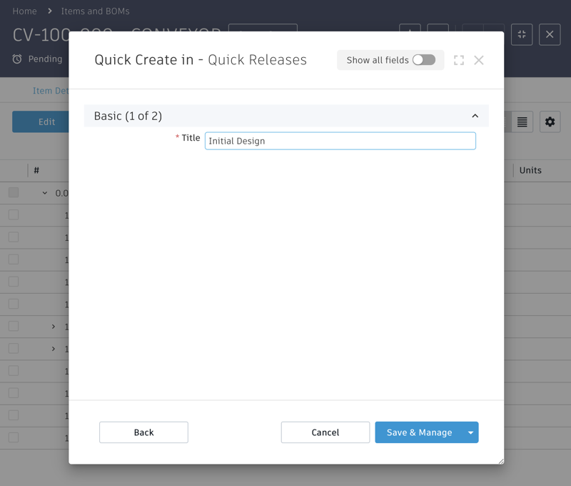 Quick Create in Quick Releases dialog