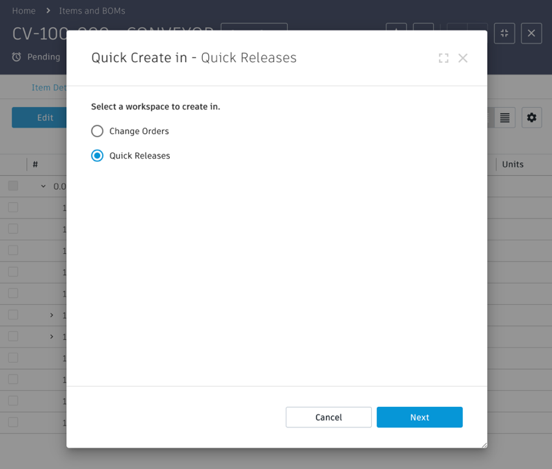 Quick Create in Quick Releases dialog