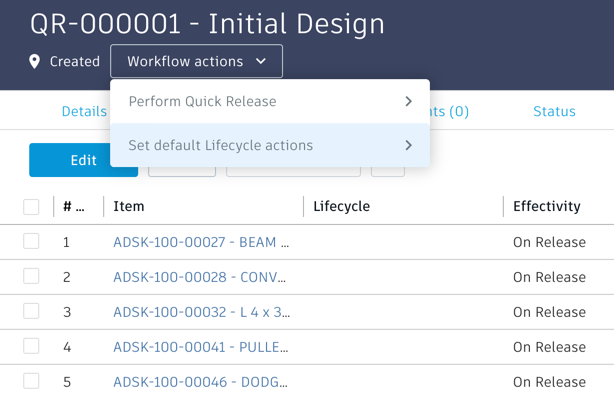 Set default Lifecycle actions menu