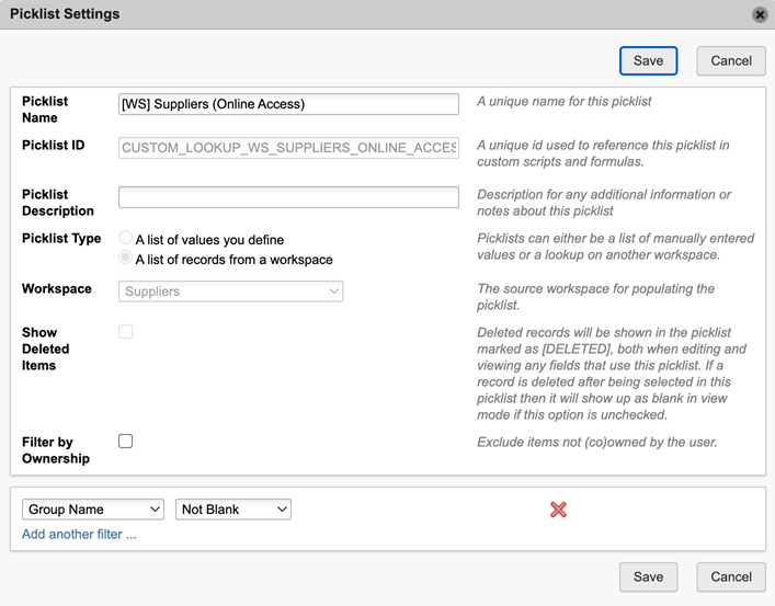 picklist settings