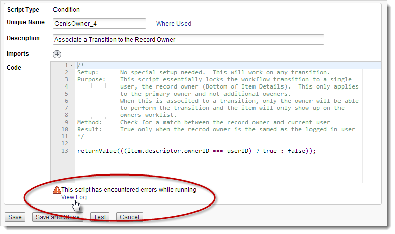 View error log click