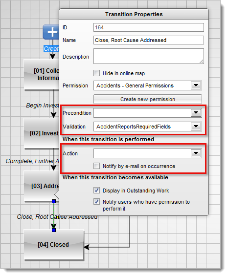 Transition properties dialog