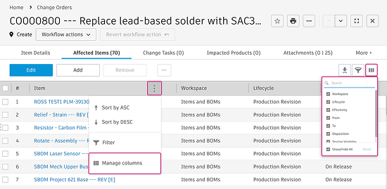 manage columns of managed items tab