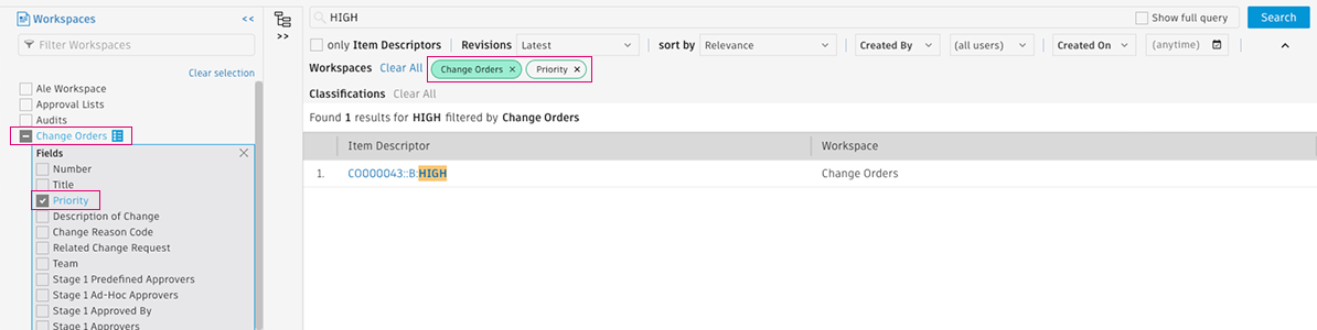 Workspace filters selected