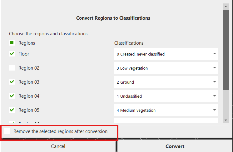 remove regions after conversion unchecked checkbox