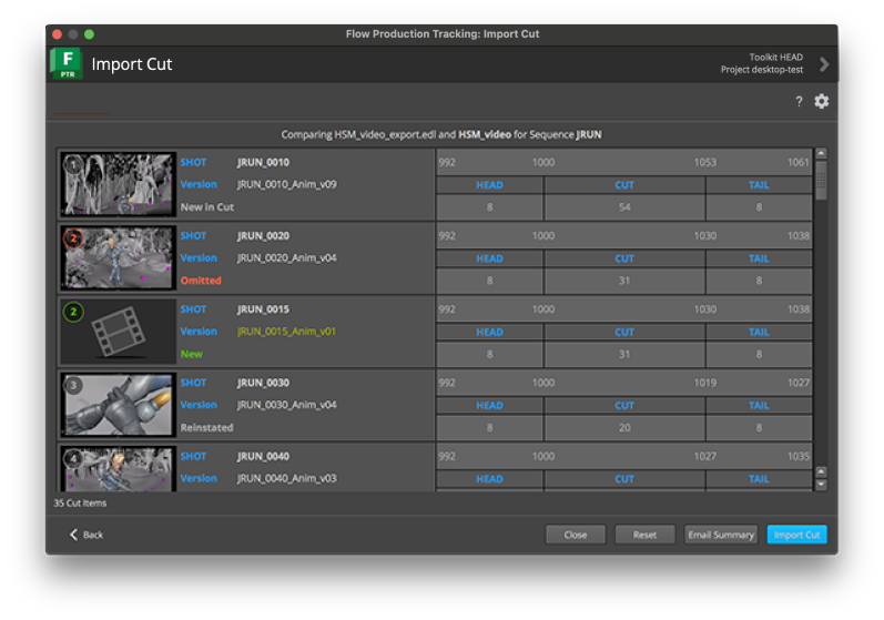 An example of the 5 tracked changes: new shots, omitted shots, reinstated shots, cut changes, and rescan needed