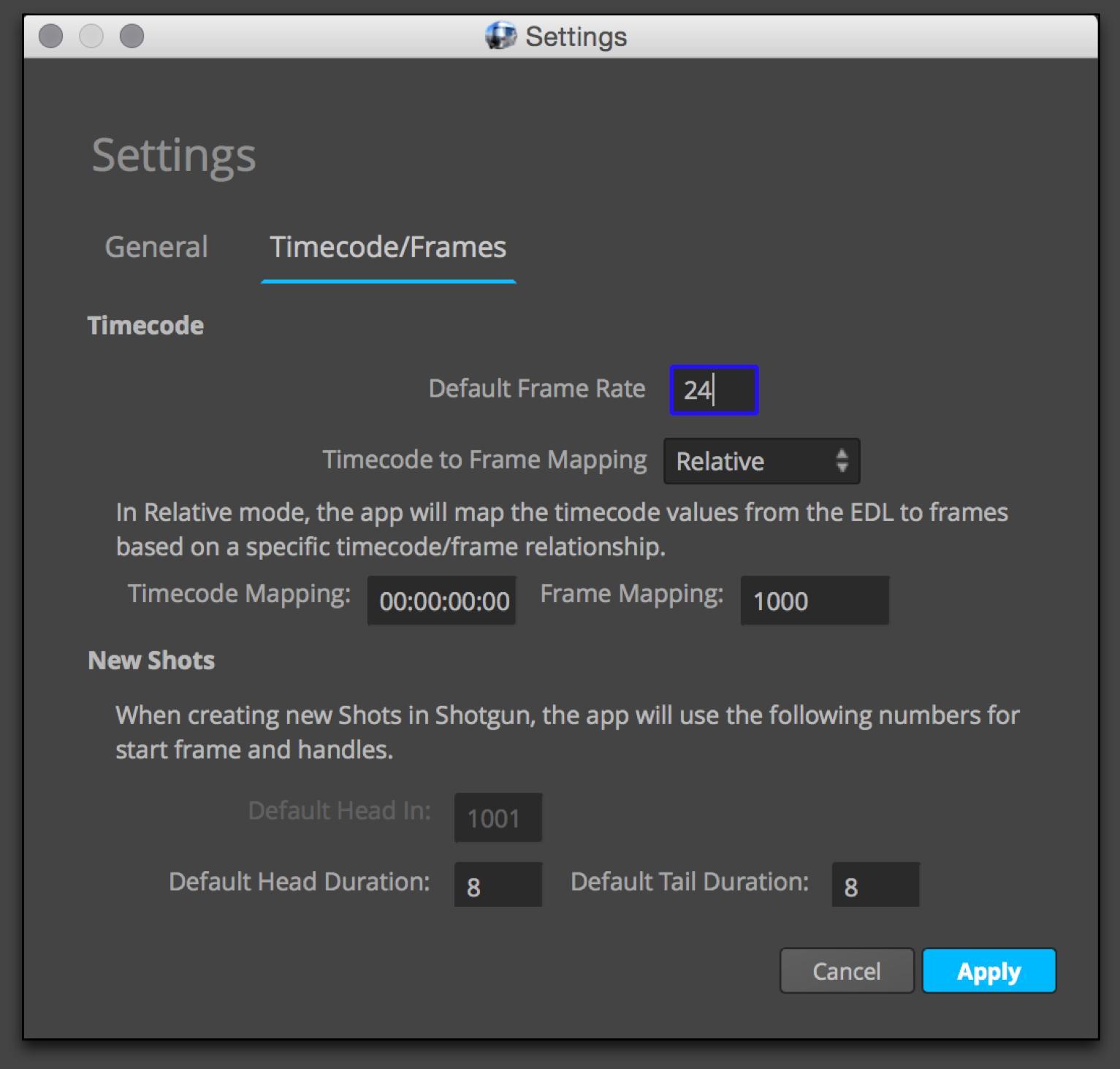 Timecode frame settings