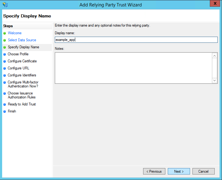 Add Relying Party Trust Specify Display Name