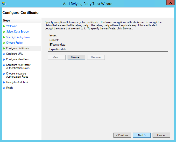 Add Relying Party Trust Configure Certificate