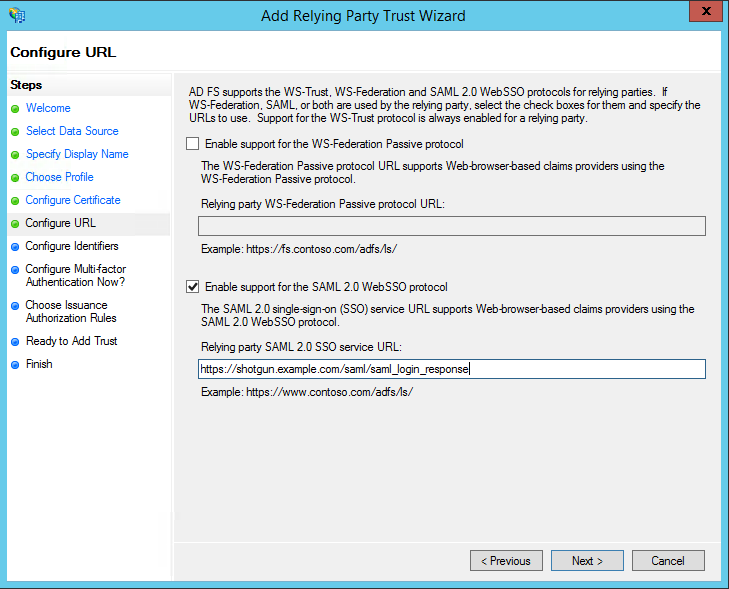 Add Relying Party Trust Configure URL