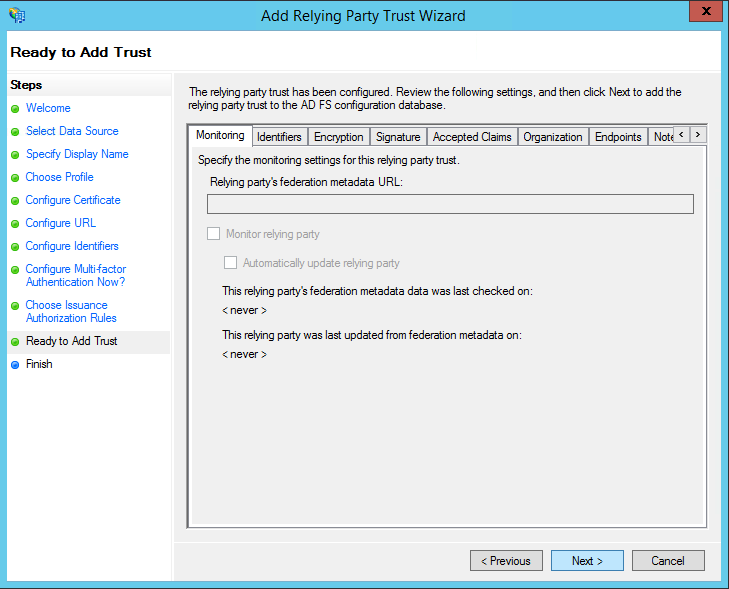 Add Relying Party Trust Review Infos