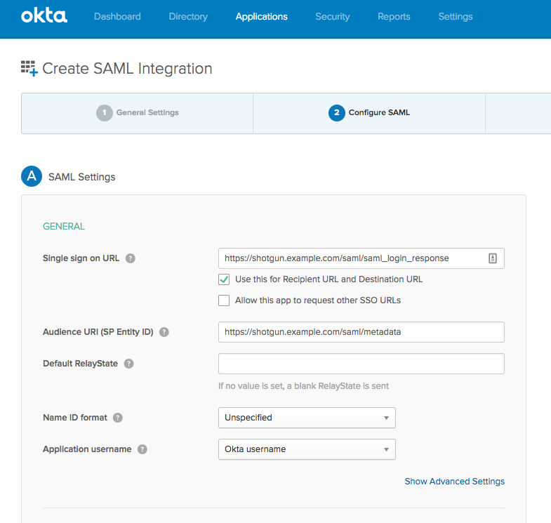 Create SAML Application Settings